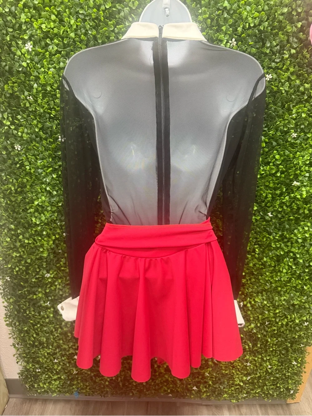 Black Sheer Dance Bodysuit with Cream Collar and Cuffs and Red Skirt